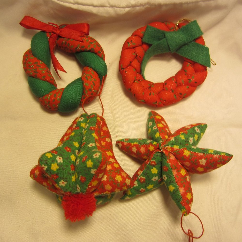 VTG 70'S HANDMADE FABRIC ORNAMENTS, SET OF 4, RED & GREEN MOTIF